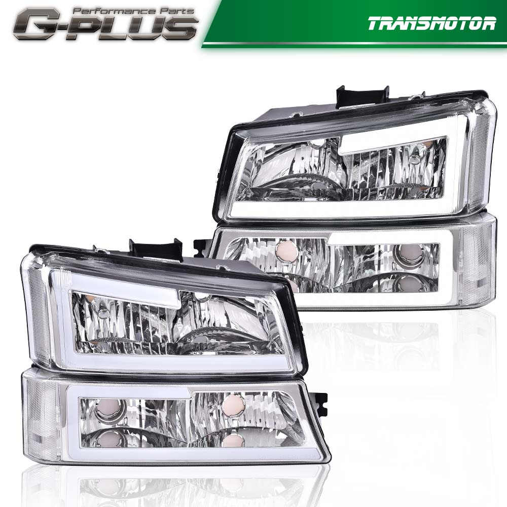 {Dual LED C-BAR} Chrome/Transparent Headlights + Signal Suitable for 03-07 Silverado/Avalanche