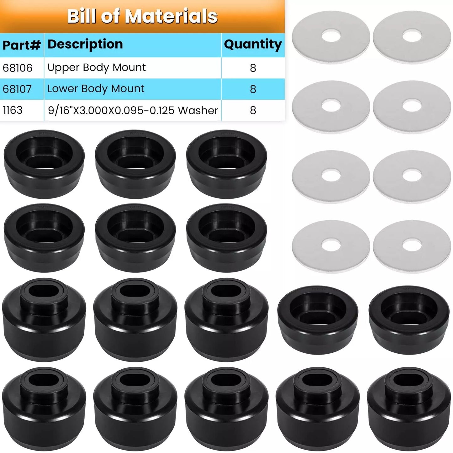 Body Cab Mount Bushing Kit Washers for 99-14 for Chevy Silverado for GMC for Sierra 7-141