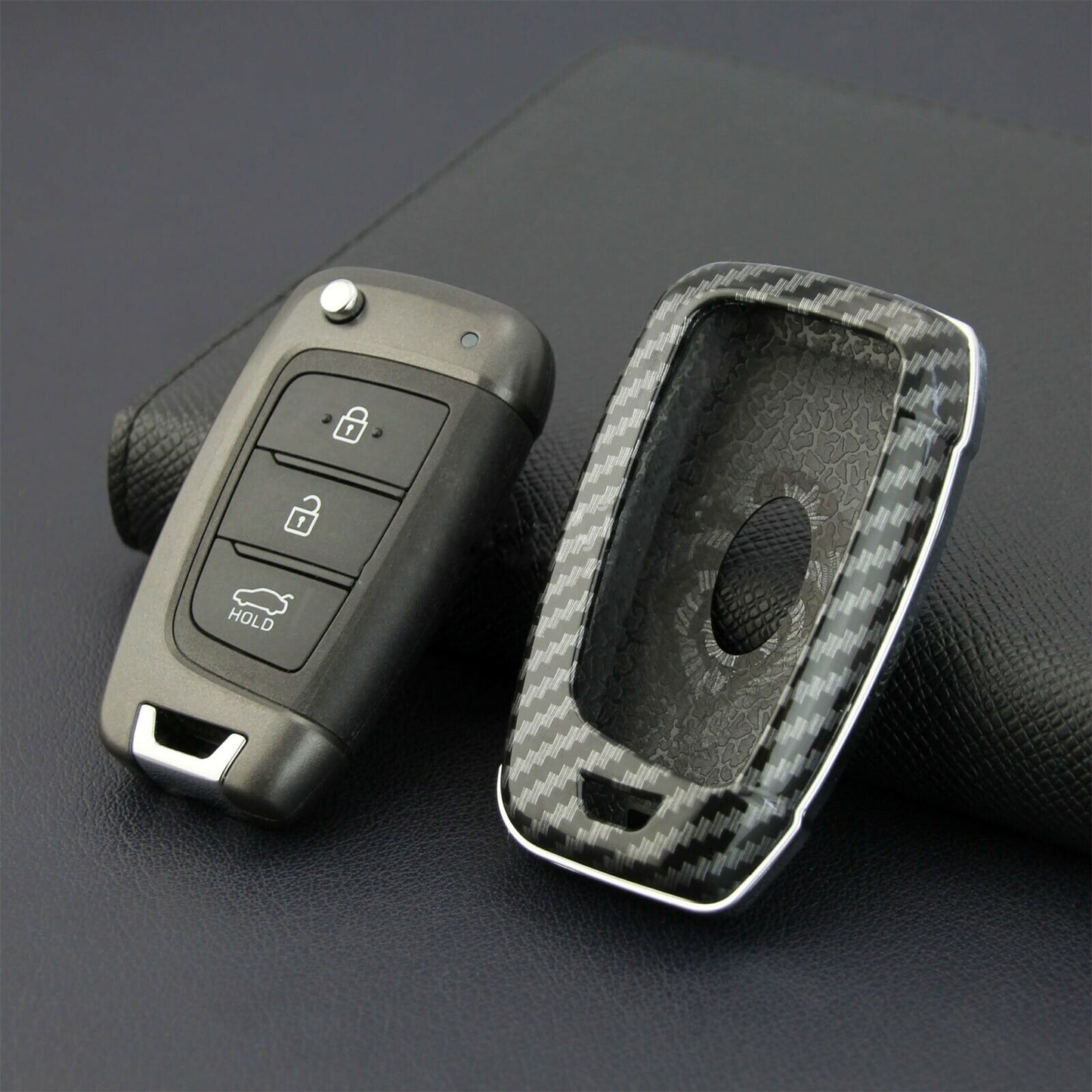 Carbon Fiber Flip Key Cover Case Chain for Hyundai for Elantra Santa Fe Accent