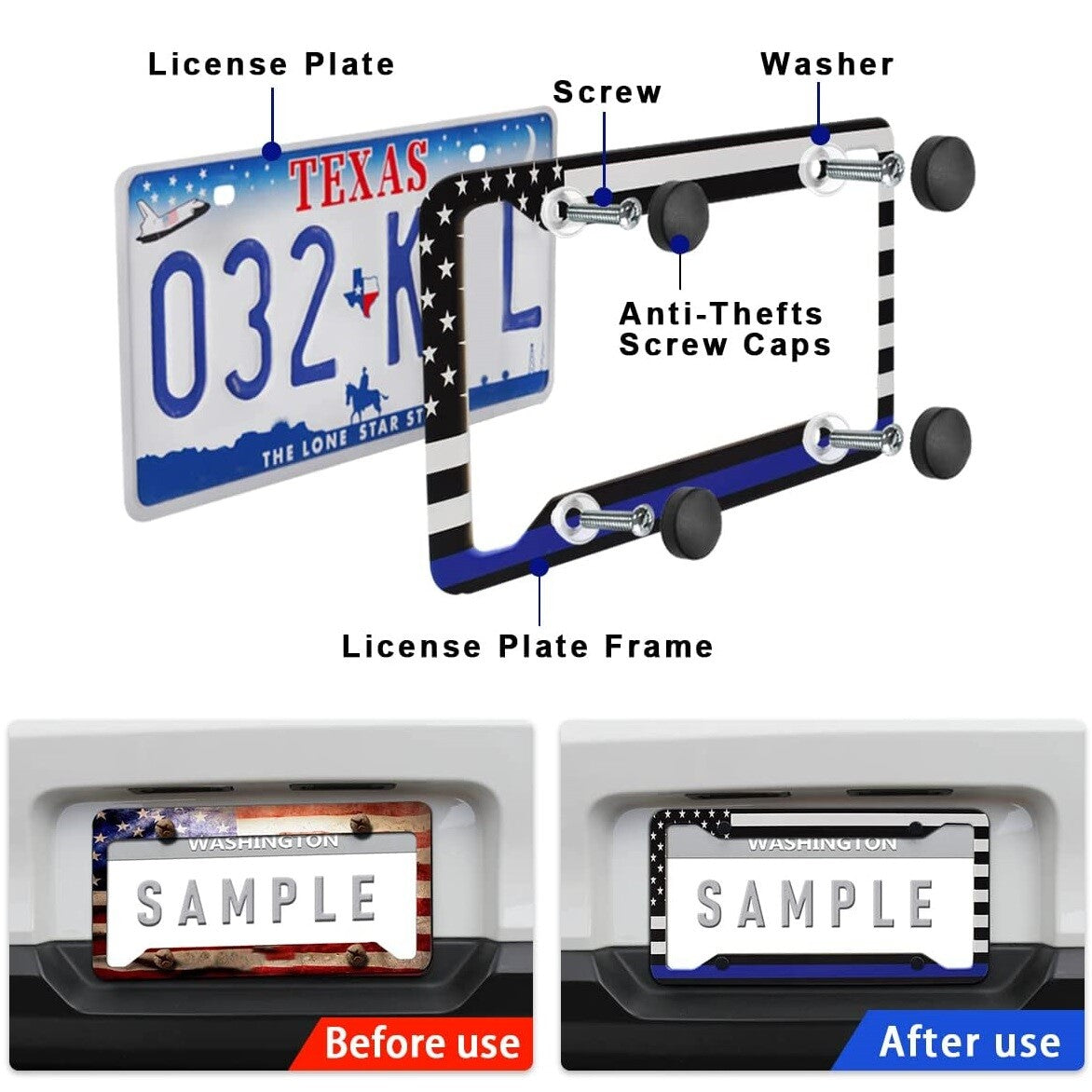 2X for Toyota for Camry Tacoma US Flag Car License Plate Tag Frame Front Rear Cover