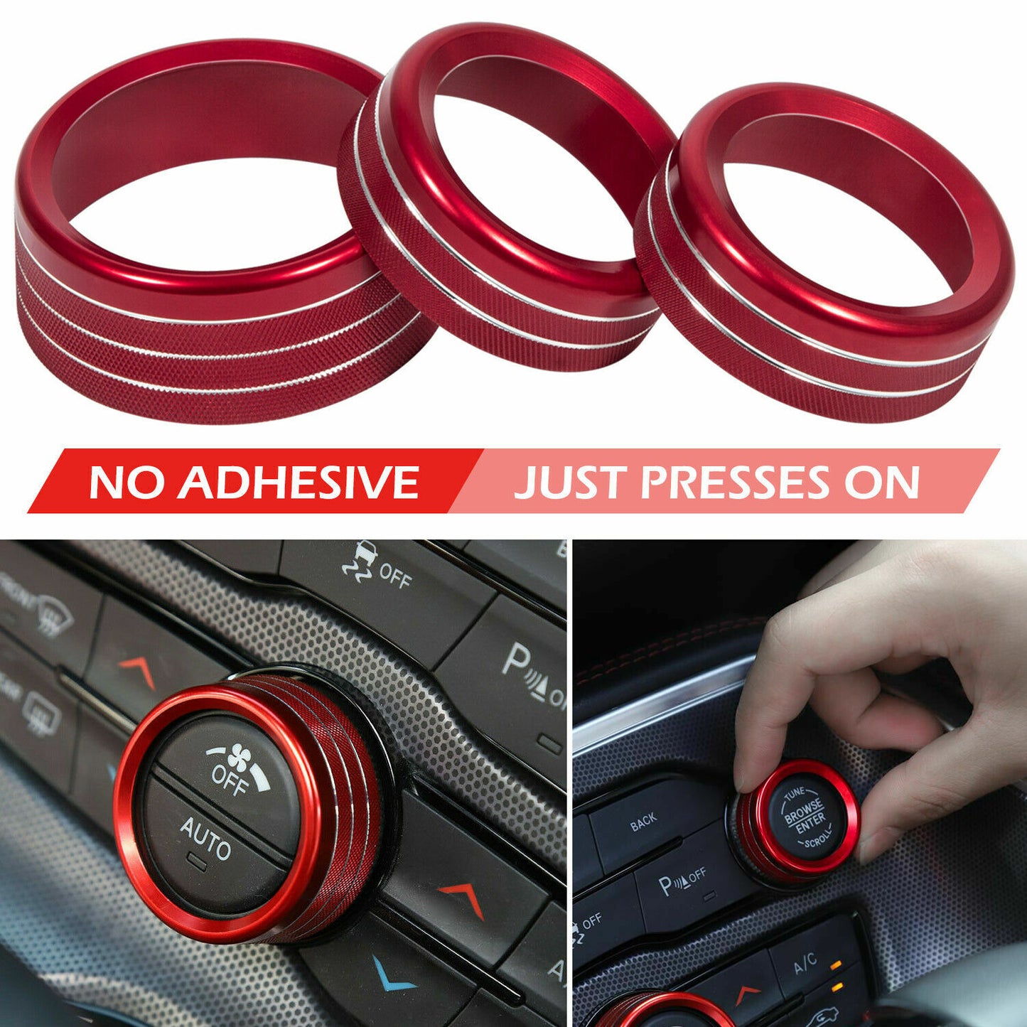 3pcs RED AC Radio Switch Trim Ring Knob Cover for Dodge for Challenger /Charger 15-20