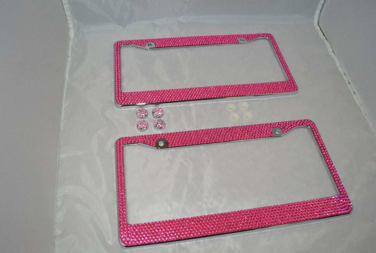 2-Piece Car License Plate Frame Cover for Rear Trunk Pink Glitter Crystal Suitable for Dodge