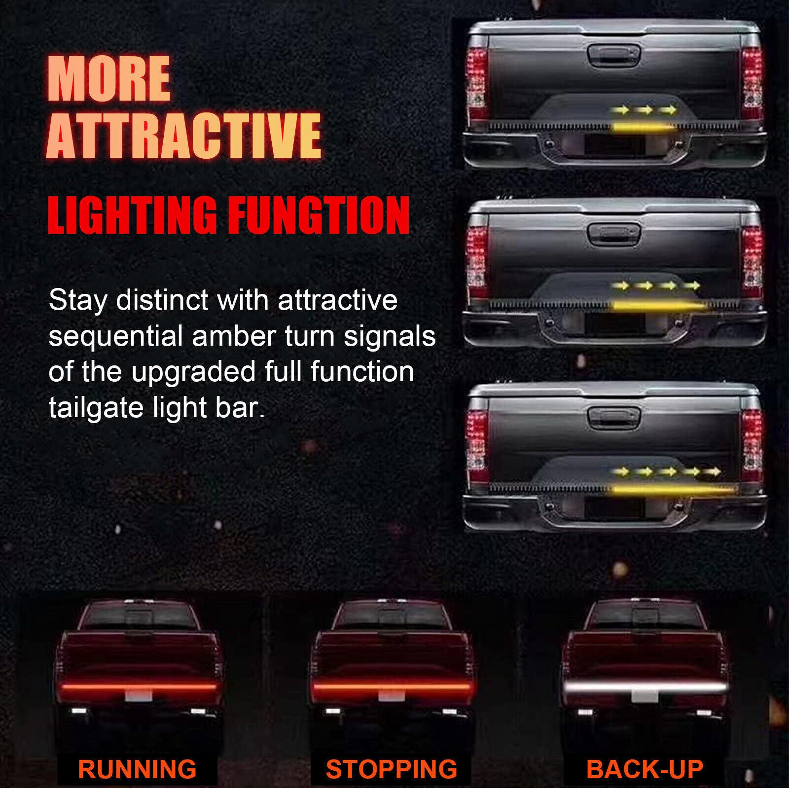 624 LED Rows Truck Strip Tailgate Light Bar Reverse Brake Tail Signal Lamp 604