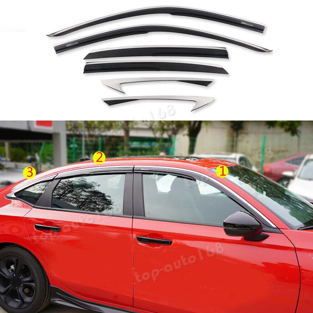 for Honda for Civic 22-24 Black/Chrome Window Visors Sun Rain Guard Vent Deflectors