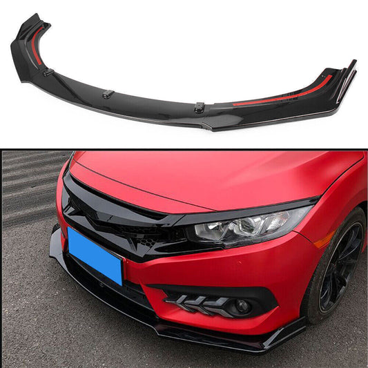 Front Bumper Lip Kit Spoiler Splitter for Honda for Civic 2016-2020 3PCs Gloss Black
