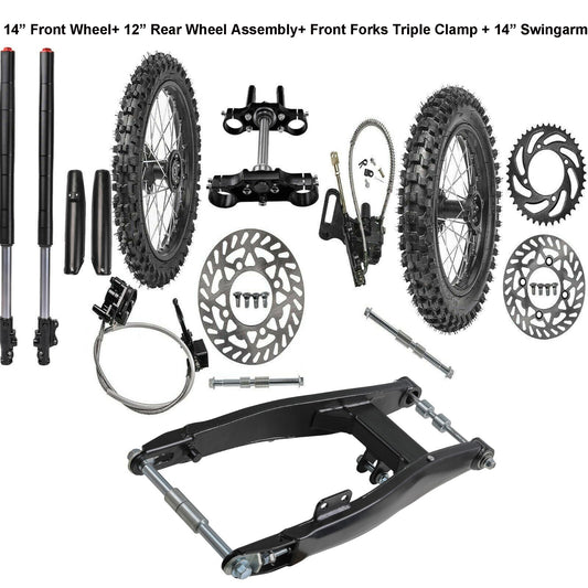 14-inch and 12-inch wheels, 80/100-12 tires + swingarm + fork. for Mini off-road bike SSR 125 KX65.