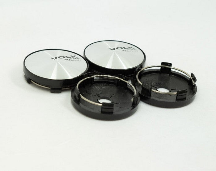 4-Piece Set of 60mm Volk Rays Badge Wheel Center Covers, Hub Covers, Edge Covers, Silver/Black