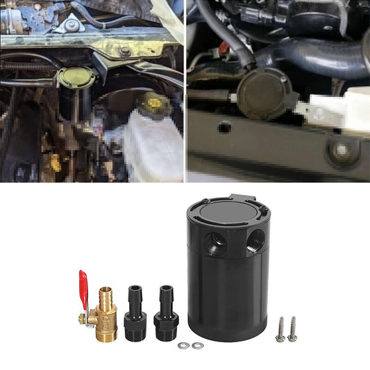 Black Oil Catch Can Baffled 2Port Oil Catch Tank Reservoir Drain Valve Universal