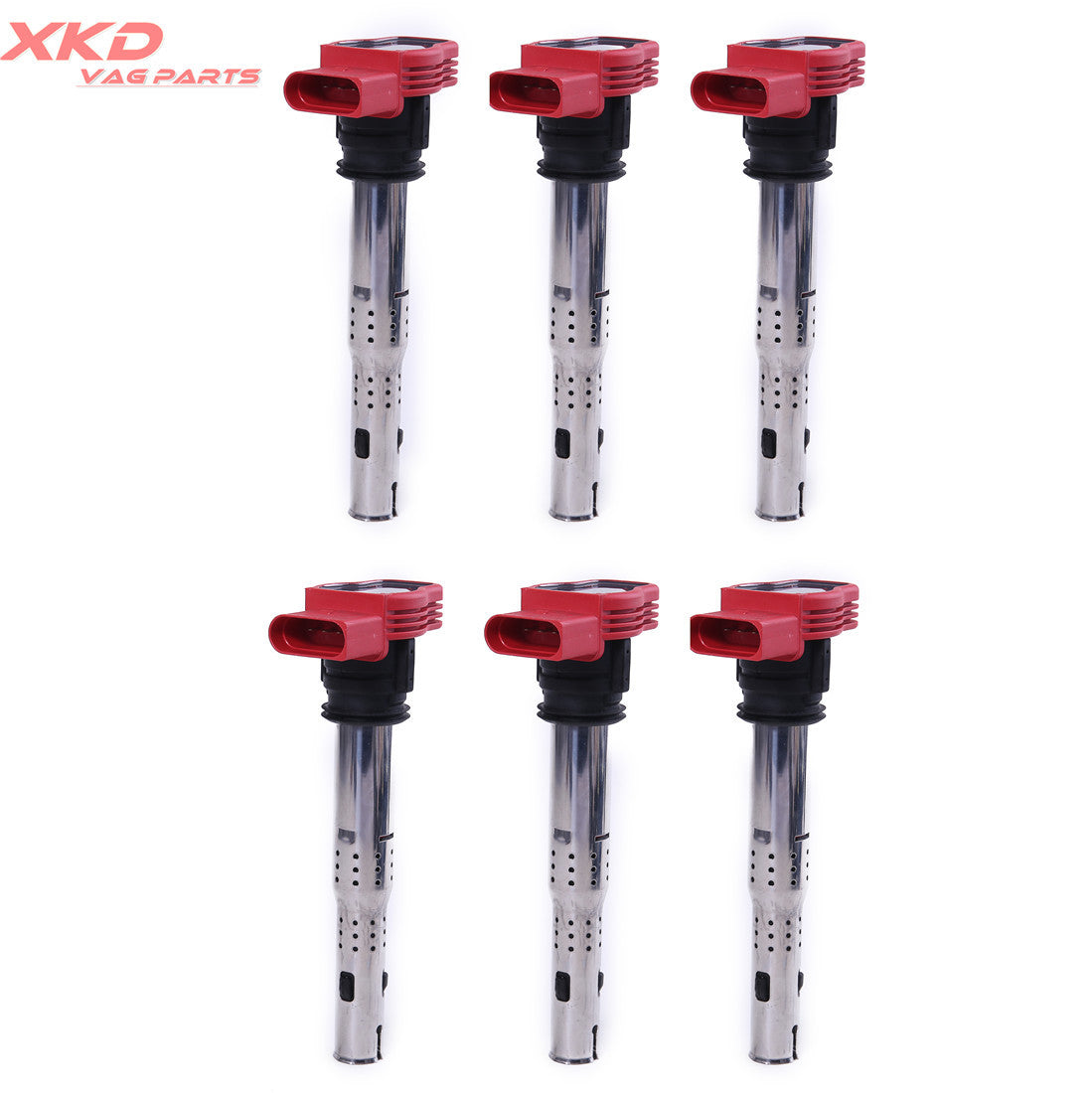 Six new red ignition coils for Volkswagen Touareg, for Audi A4, A6 2.8, 3.0 TFSI, and 3.2 V6 engines.