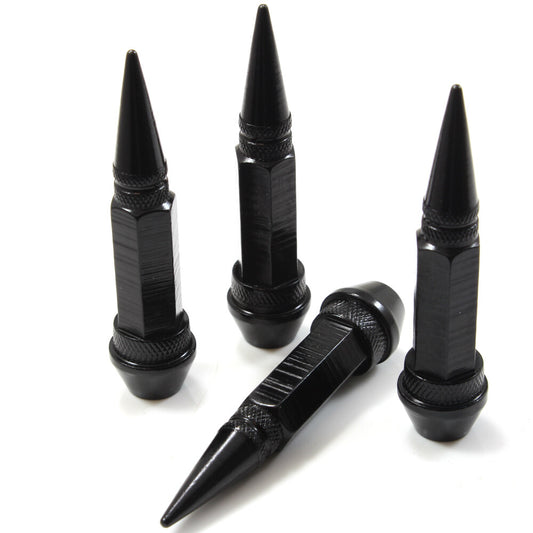 4 Black Aluminum Metal Long Spike Wheel/Tire Valve Stem Car-Truck Air Caps