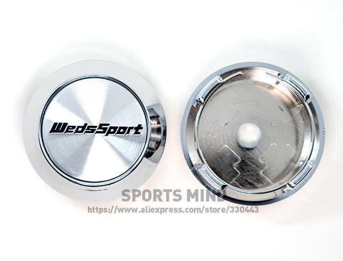 4-piece set of 64mm Weds Sport badge wheel center caps, hubcaps, and rim caps in silver chrome.