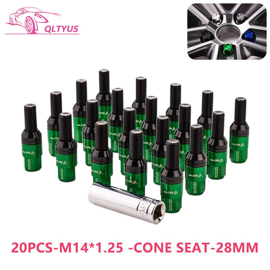 20PC 28mm M14x1.25 Wheel Lug Bolt Cone for Seat Studs Set for Most Aftermarket Green