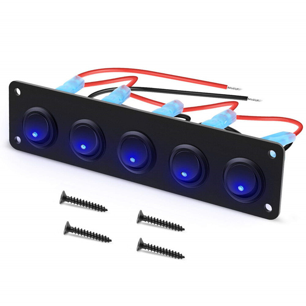 5 Gang Toggle Rocker Switch Panel For Car Boat Marine RV Truck Blue LED 12V ABS