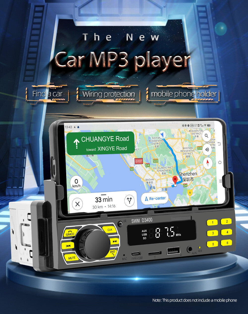 Car Stereo Single 1 DIN Bluetooth MP3 Player Radio Audio AUX-IN W/Phone Holder