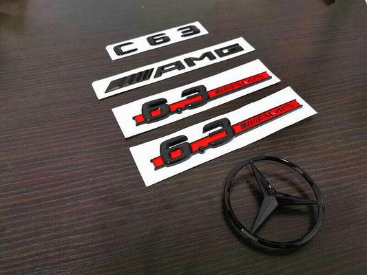 Glossy black with red C63 AMG and rear star side 6.3 AMG badge. Suitable for W204 507