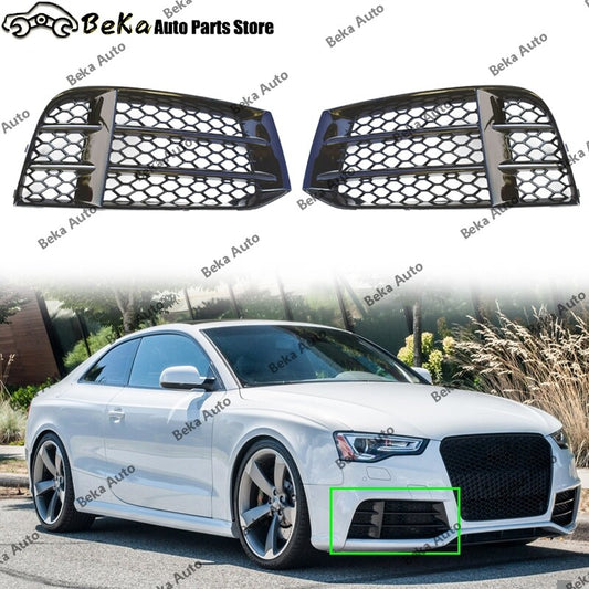 A pair of honeycomb fog light grilles for the front bumper of the for Audi RS5 B8.5 2013 - 2016.