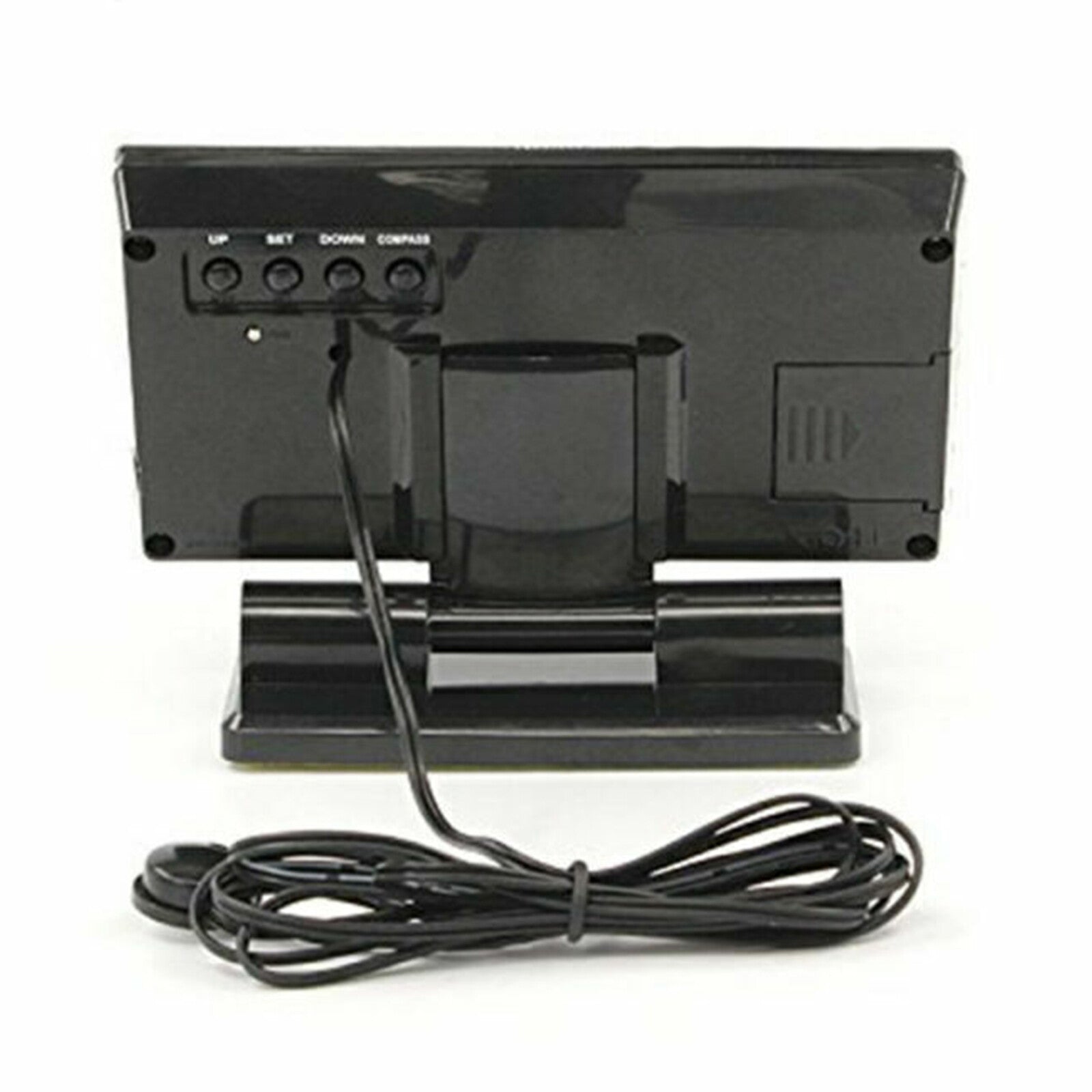 In-car digital compass, 4.6-inch LCD screen with blue LED, clock, thermometer, and calendar.