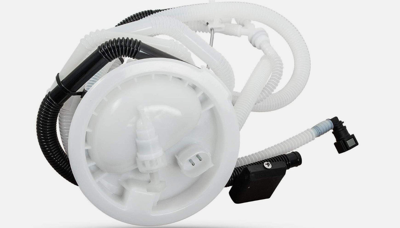 Fuel filter with fuel level transmitter and pressure regulator for BMW 335i, 328i, and 325i.