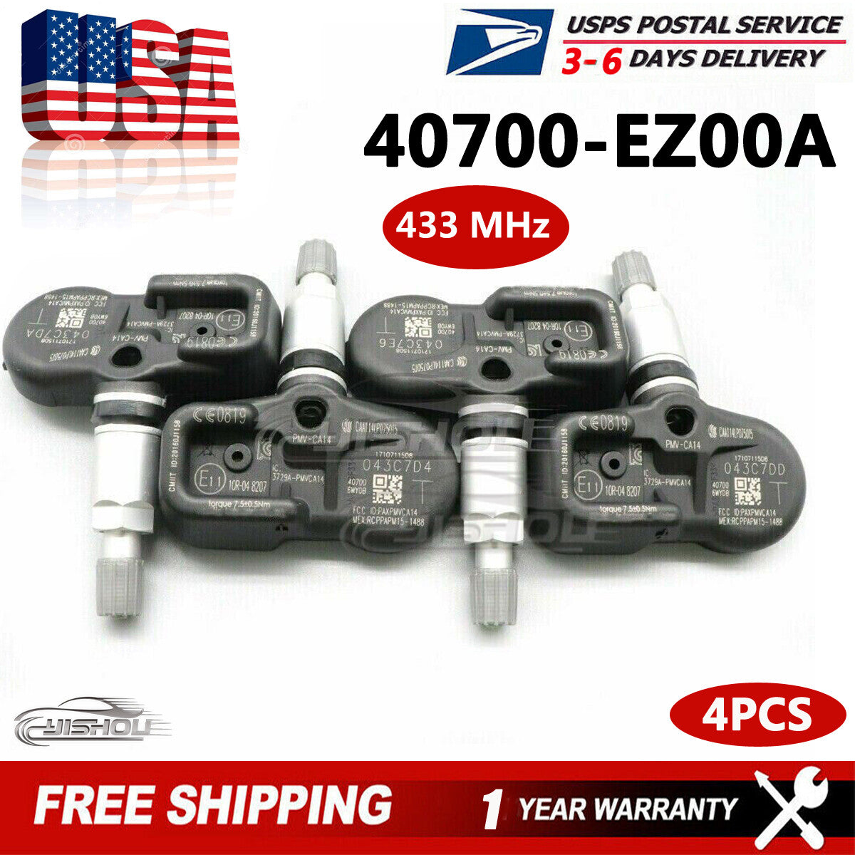 4PCS 40700-EZ00A PMV-CA14 433Mhz Tire Pressure Monitoring Sensor TPMS for Nissan