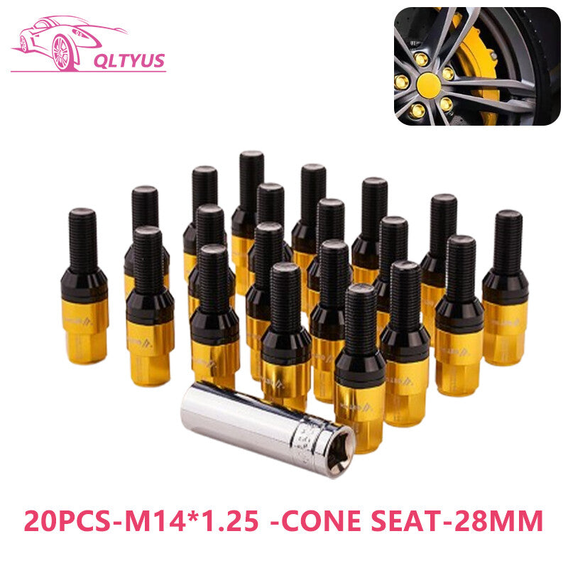 20-piece set of 28mm M14x1.25 wheel lug bolts and tapered for seat studs suitable for most aftermarket gold-rated products.