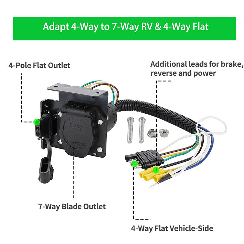 US 4-pin to 7-way blade trailer wiring adapter connector cable plug with bracket