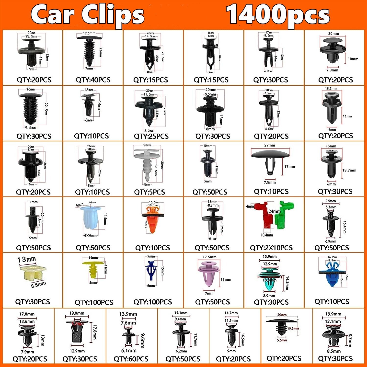 1400-piece pack of car push-type retainer clips, door panel trim clips, plastic rivet clips, bumper clips
