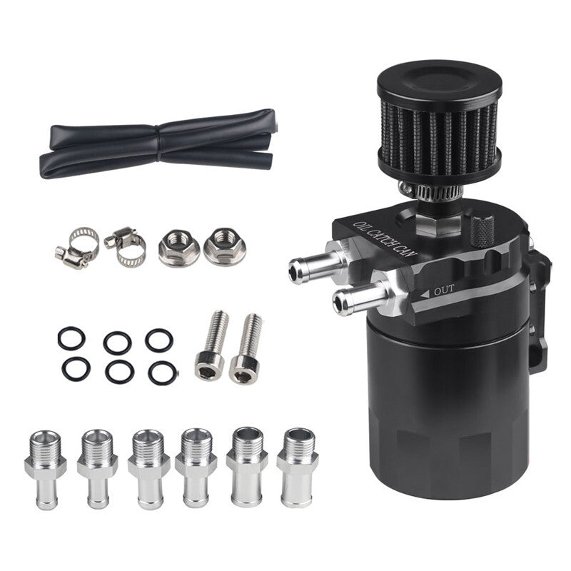 Car Baffled Aluminum Oil Catch Can Tank Drain Valve Breather Cylinder Filter Kit