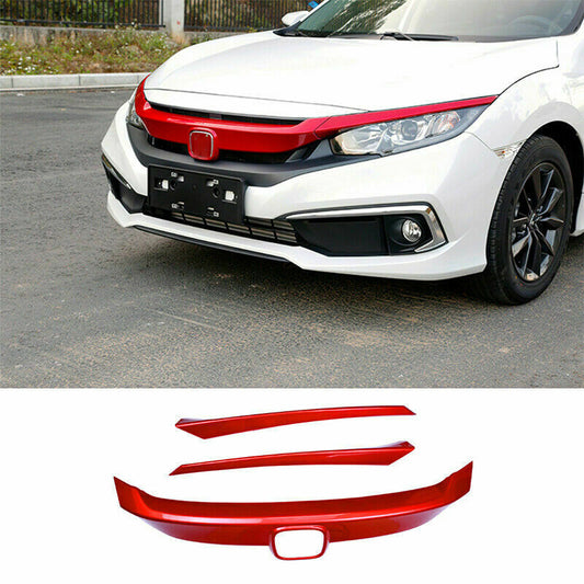 for Honda for Civic 2016-2021 Glossy Red Front Bumper Hood Mesh Grill Grille Strips