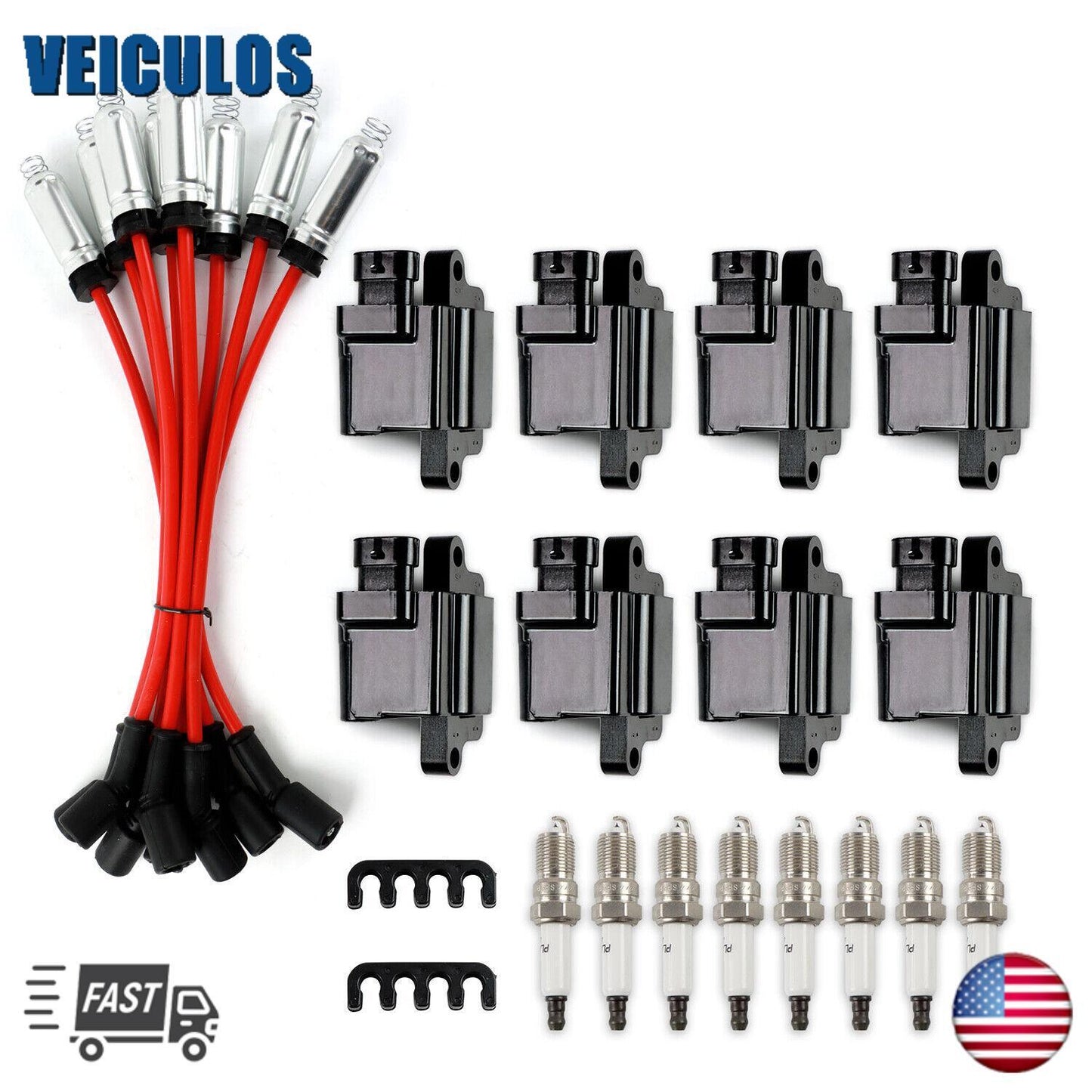 8PCS Square Ignition Coil  Spark Plug Wires for Chevy for GMC 4.8L 5.3L 6.0L 8.1L