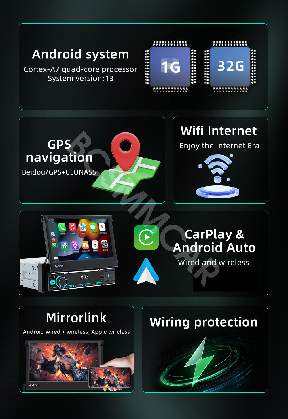 7in Android 13 1Din Radio Bluetooth Car Stereo For Apple CarPlay GPS Mirror Link
