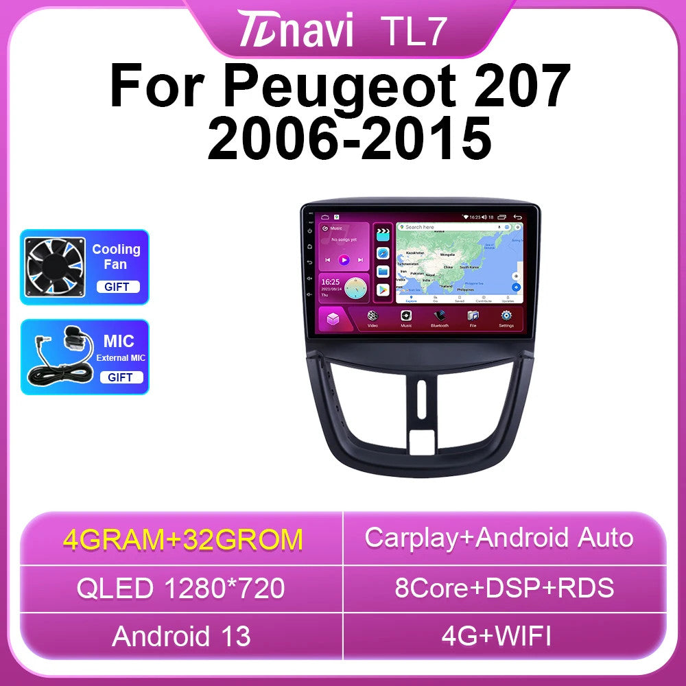 for Peugeot 207 2006-2015 Android CarPlay Car Radio GPS Multimedia Stereo Screen