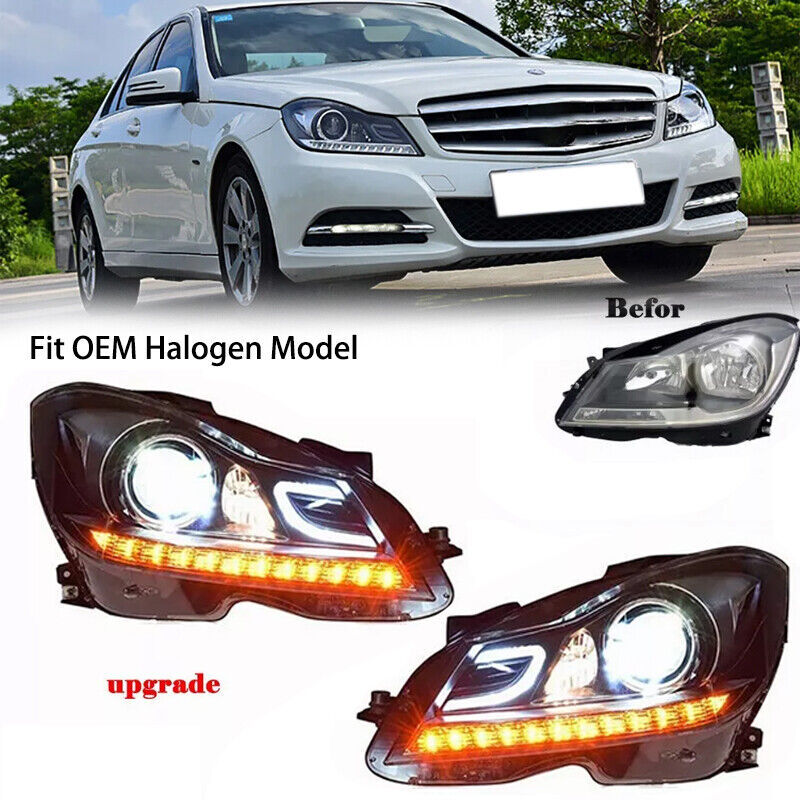 for Mercedes W204 2011-2014 Upgrade LED DRL Headlights C63 Style Headlamp Pair