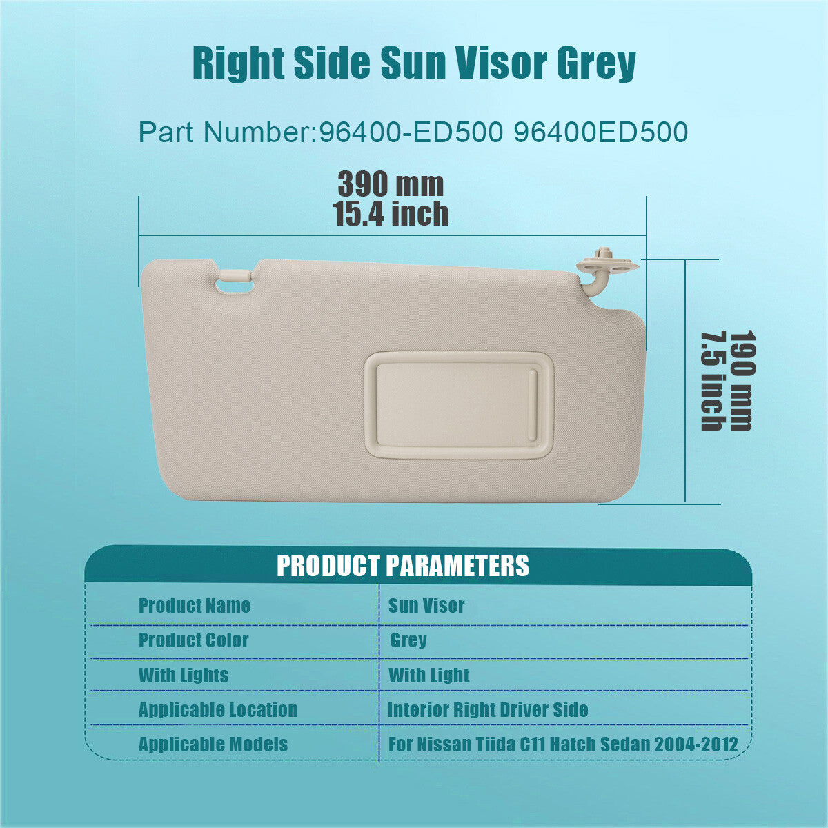 Brand new right front sun visor, suitable for Nissan Tiida C11 Hatch 96400-ED500.