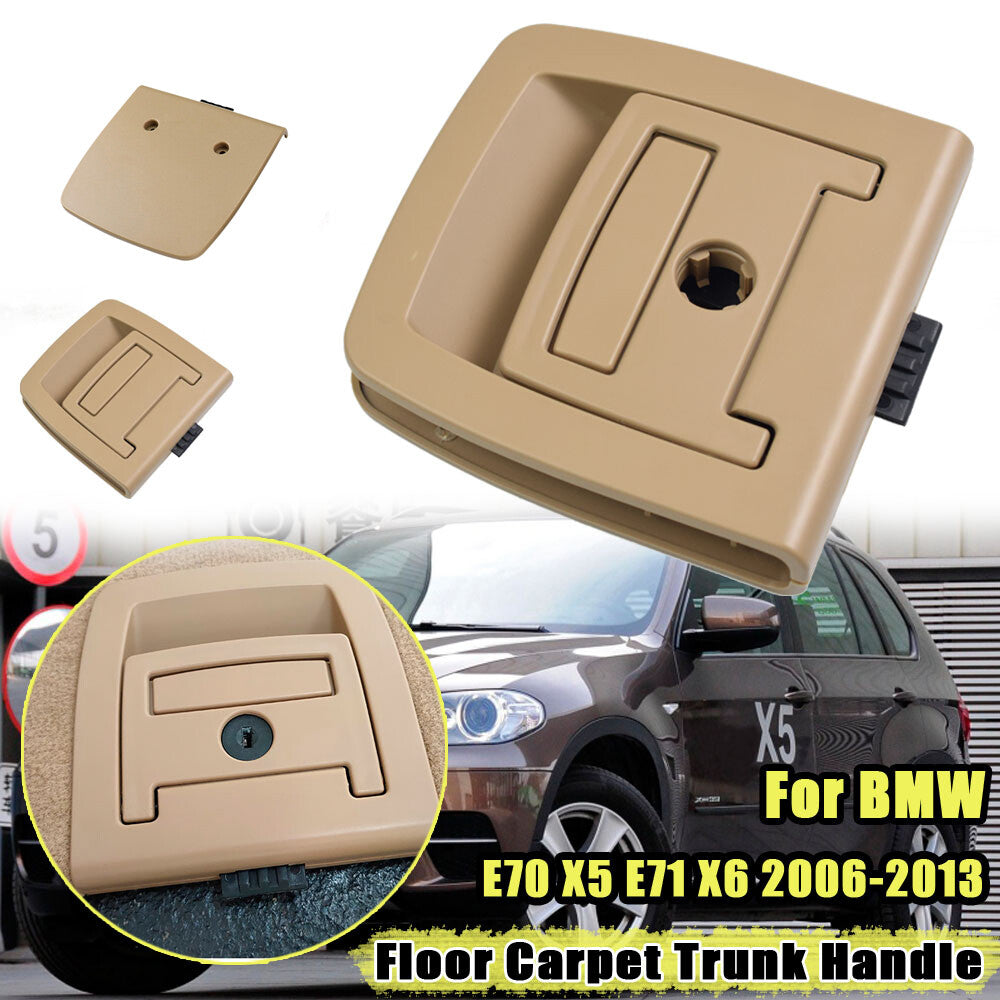 Beige rear trunk floor mats and carpet handles suitable for BMW E70, X5, E71, and X6 (2006-2013).