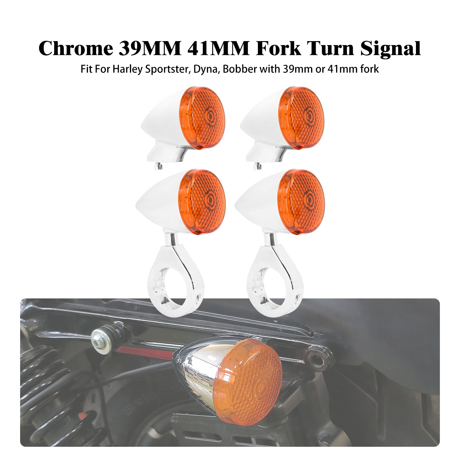 4x Chrome Front Rear LED Turn Signal Light 39 41mm Fork w/ Amber Lens for Harley