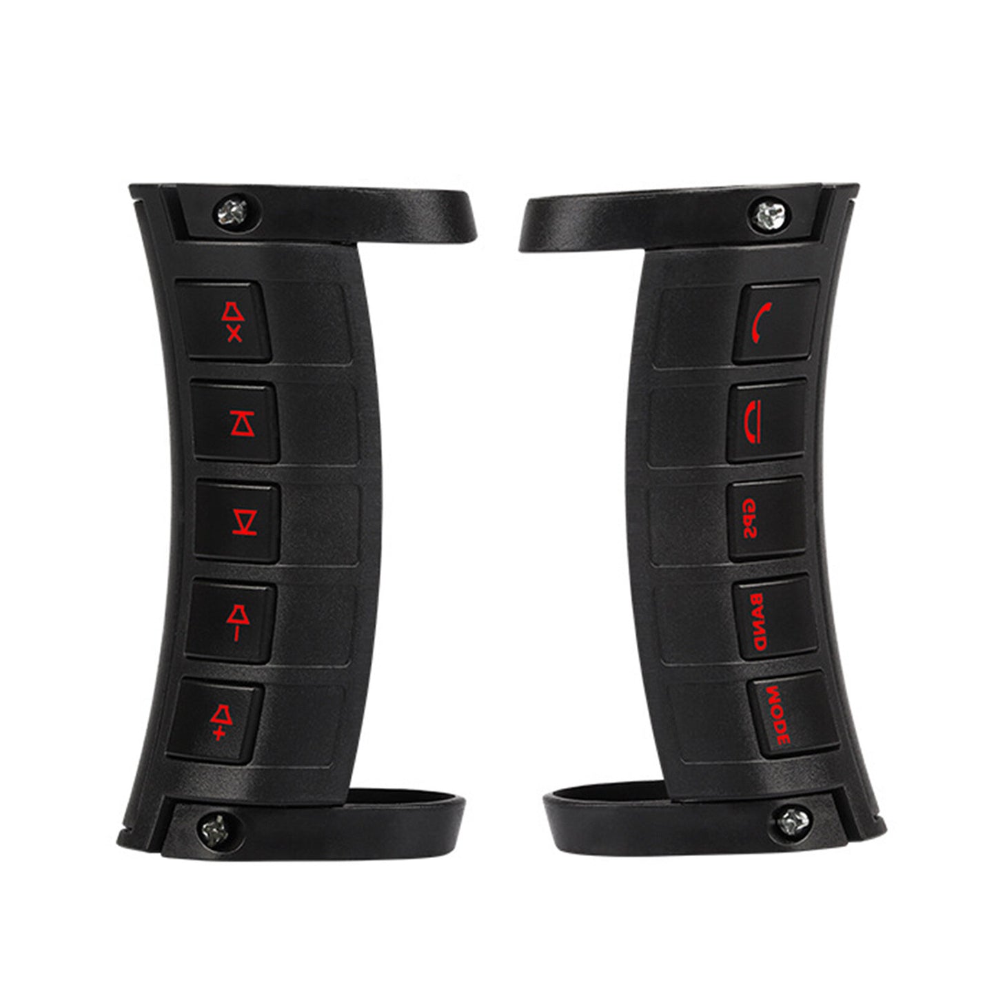 A pair of LED wireless car steering wheel button remote controls for GPS stereo radios.