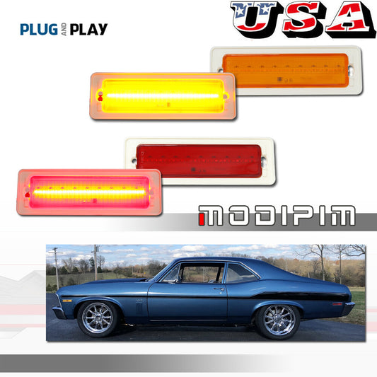 4-pack LED side marker lights for 1970-1974 for Chevrolet Nova, front amber, rear red.