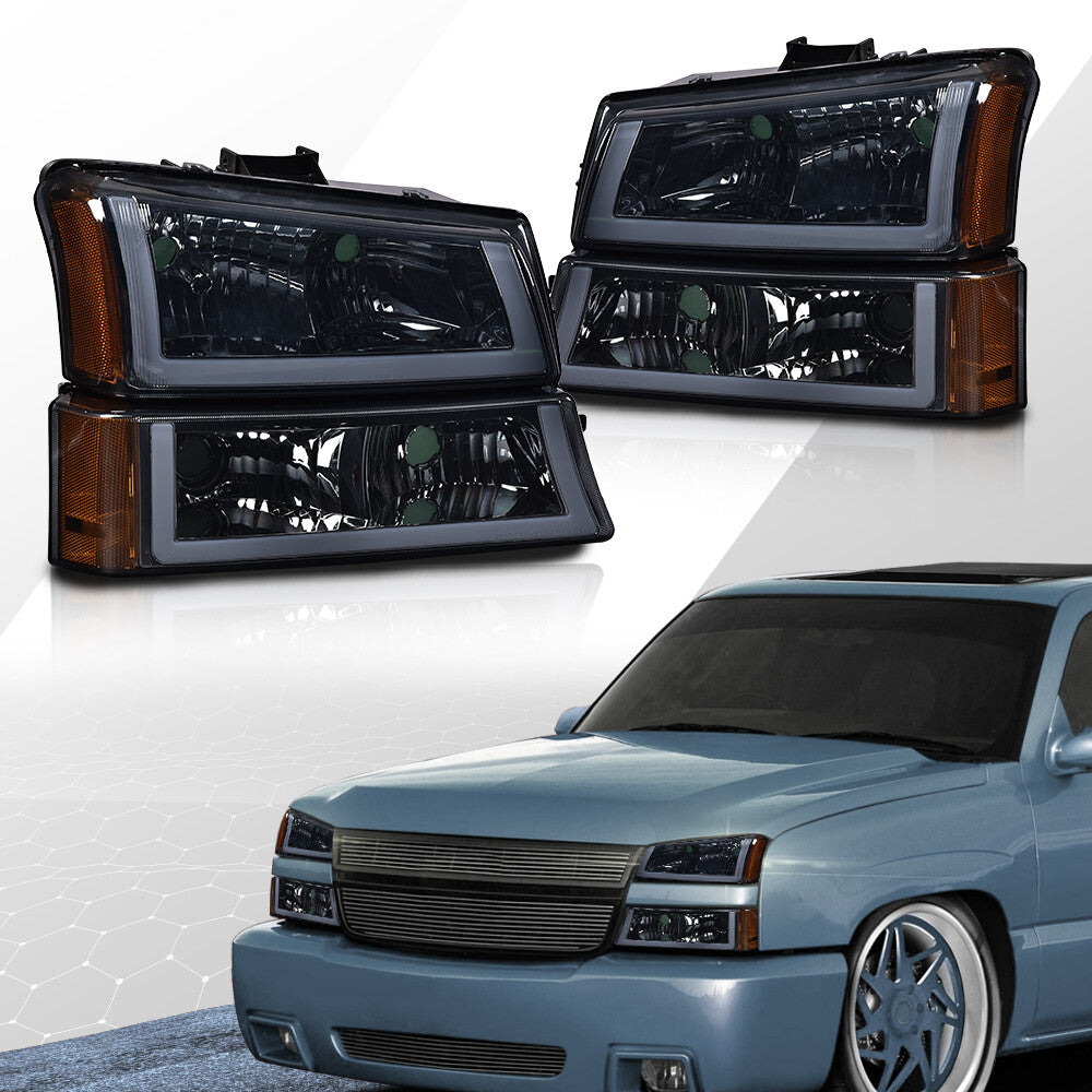 Suitable for 2003-2006 Silverado models. Amber LED DRL headlights + taillights with black housing.