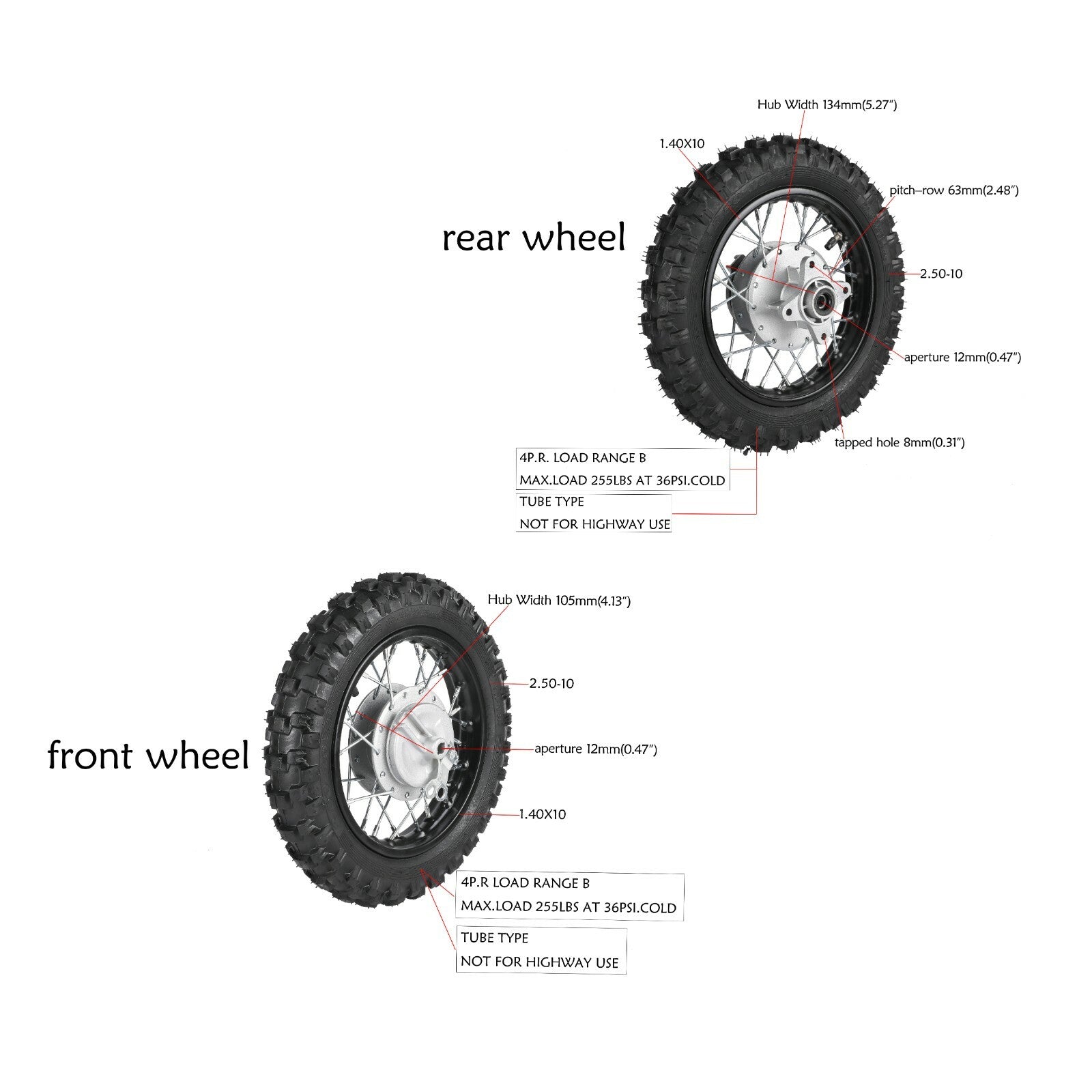 Front Back 2.50-10 Wheels Tyre Rim Drum Brake Dirt Bike CRF50 Coolster 70 TTR50