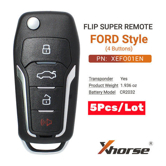 5Pcs XEFO01EN Super Remote Key for Ford Flip Type 4 Buttons +Super Chip