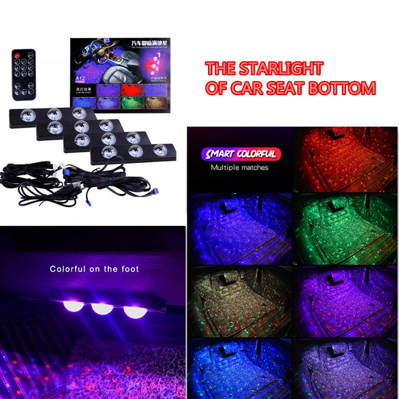 Car RGB LED Foot Star Light Neon Atmosphere Strip Music Sensor Remote Control