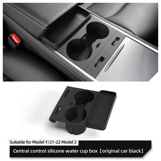 for Tesla for Model Y /3 Central Control Storage Box Cup Holder Drinks Black