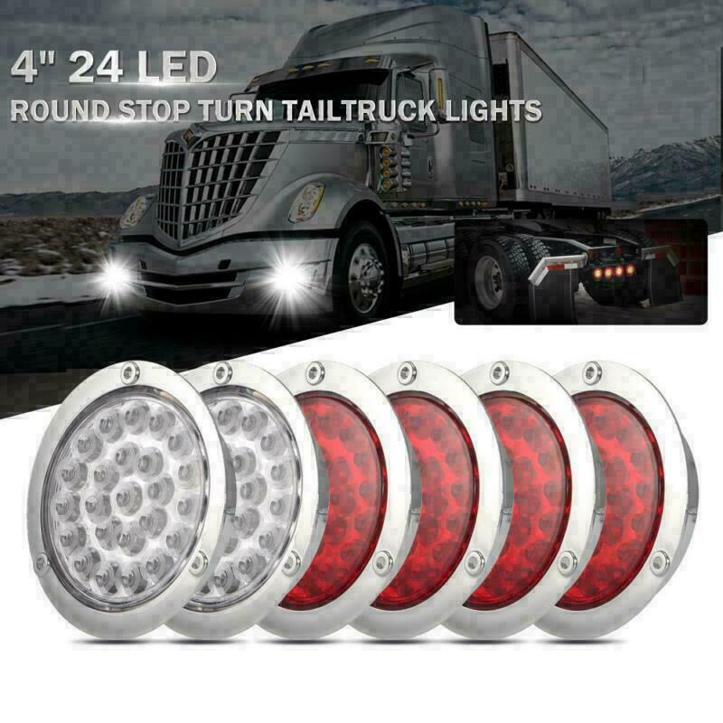 2-4pcs Red White New Round Stop Turn Tail Backup Reverse Truck Lights 24-LED