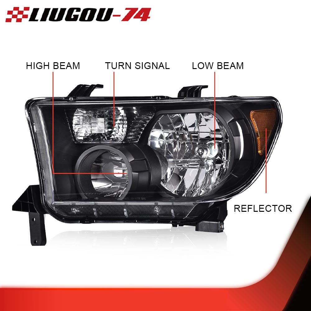 Black/transparent headlights (LH+RH) suitable for Toyota 2007-2013 Tundra and 2008-2017 Sequoia.