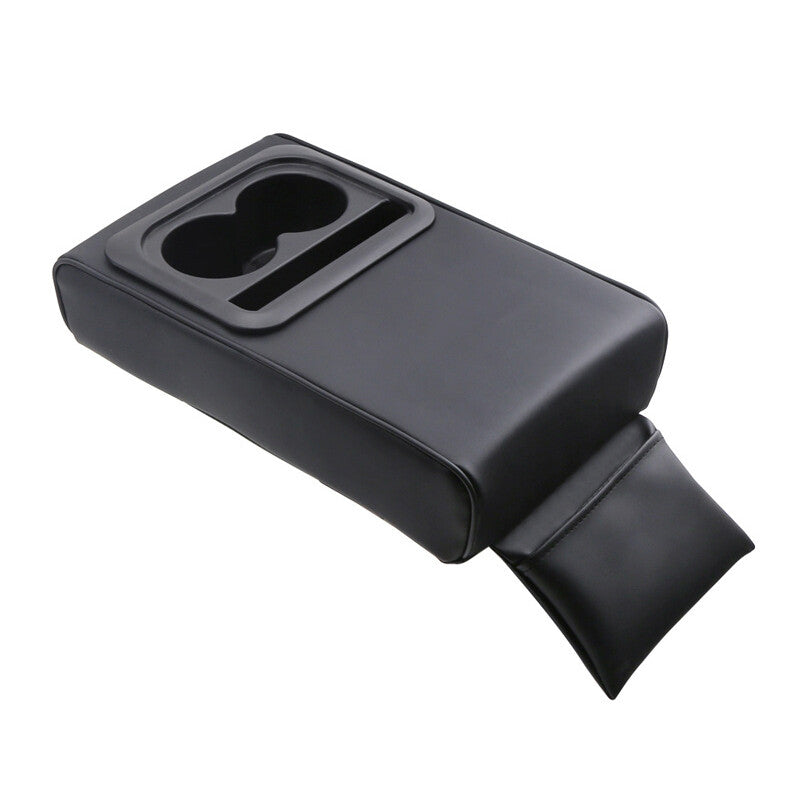 Black car armrest with elbow support, backrest cushion, cup holder, and storage ( )