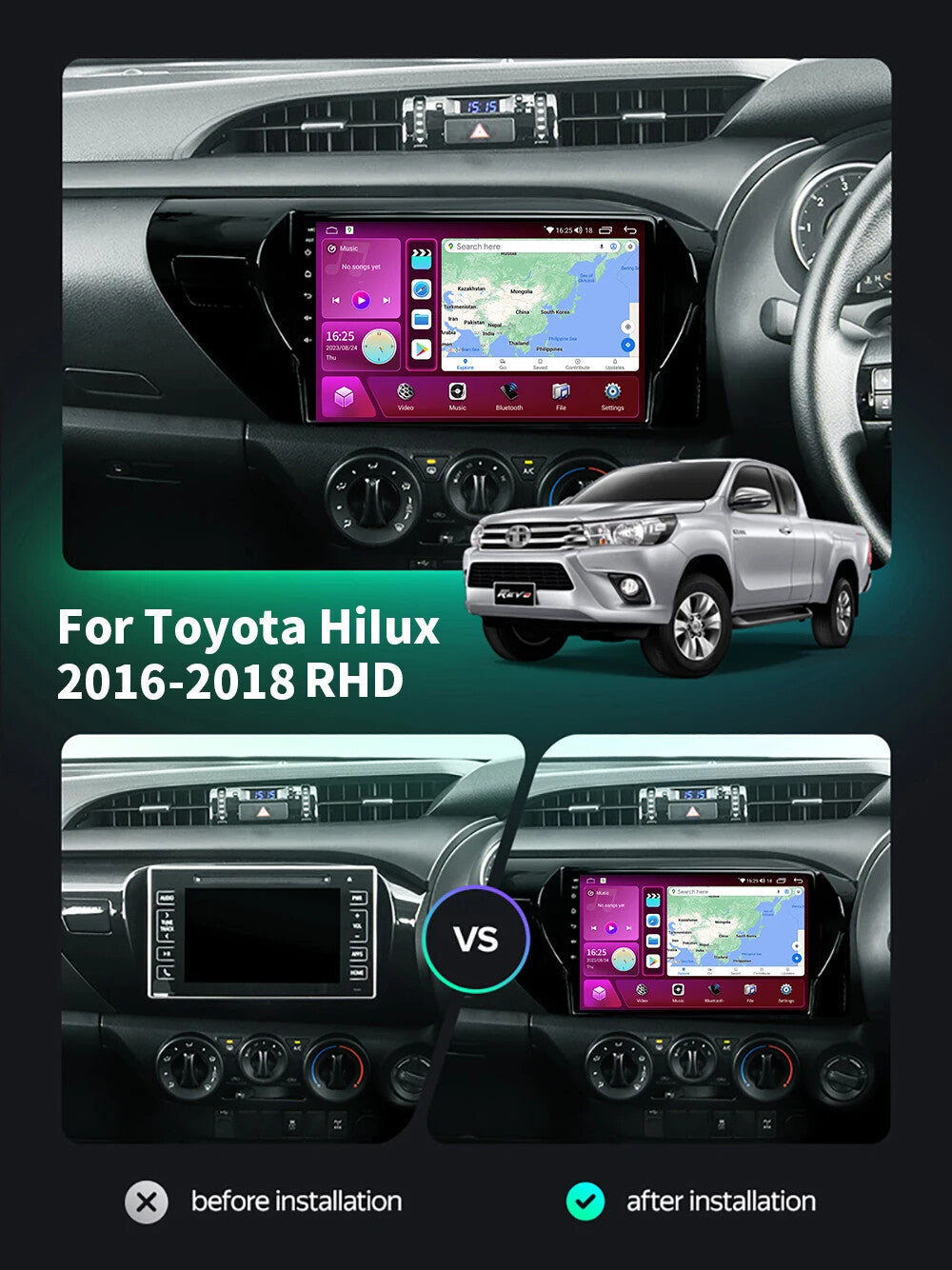 for Toyota Hilux 2016-2018 RHD 2+32G Android CarPlay Car Radio GPS Player Screen