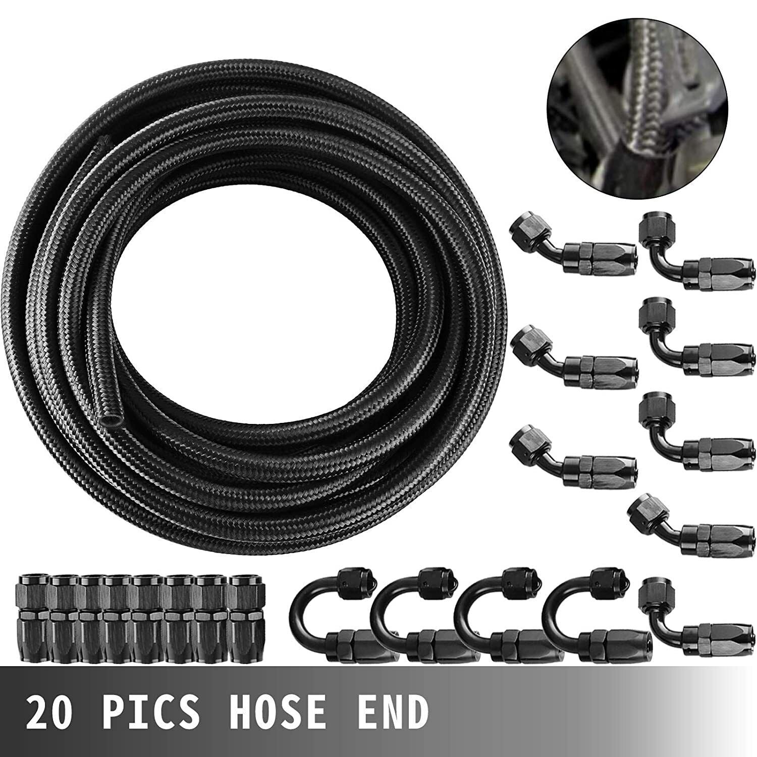 10AN Black Nylon E85 CPE Fuel Gas Oil Line 33FT 20PCS Fittings Hose Kit Black