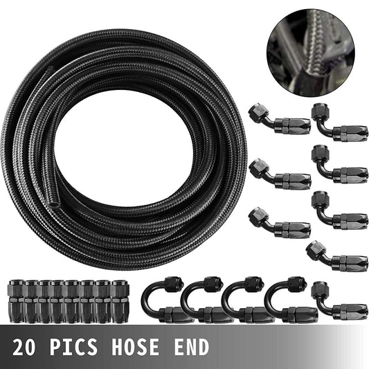 10AN Black Nylon E85 CPE Fuel Gas Oil Line 33FT 20PCS Fittings Hose Kit Black