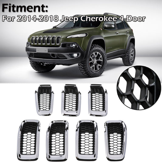 7XMesh Grille Grill Add-on for Jeep Cherokee 2014 - 2018 Chrome Black Honeycomb