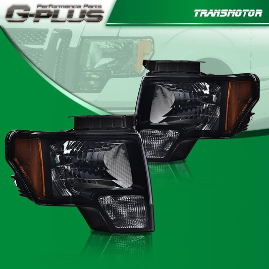 Pair of black/smoked factory style lens headlights suitable for 2009-2014 for Ford F150s.